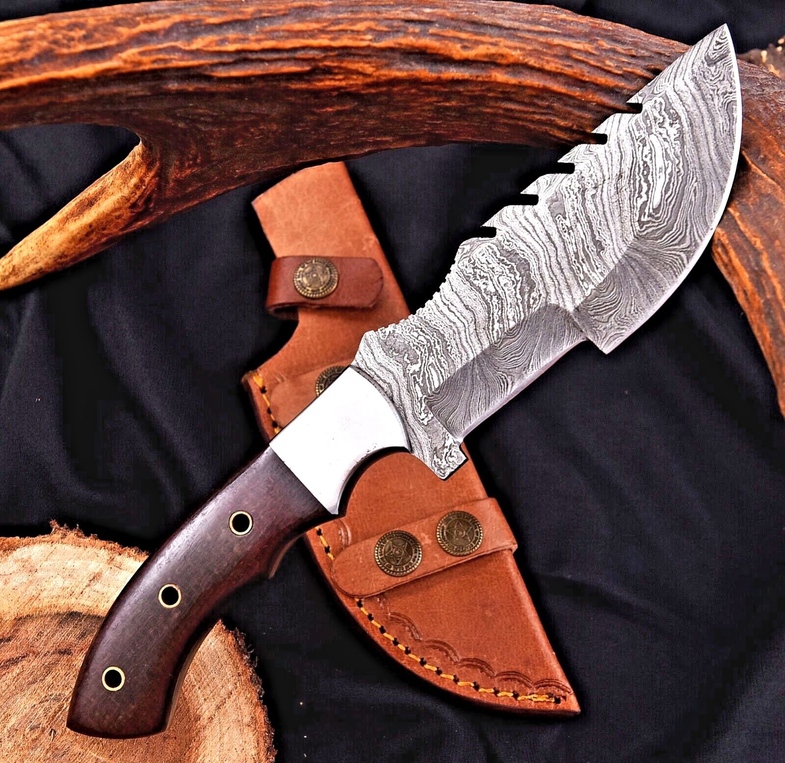 Custom Handmade Damascus Steel Tracker Hunting Knife – Forged Fixed Blade Survival Camping Knife with Micarta Handle & Leather Sheath