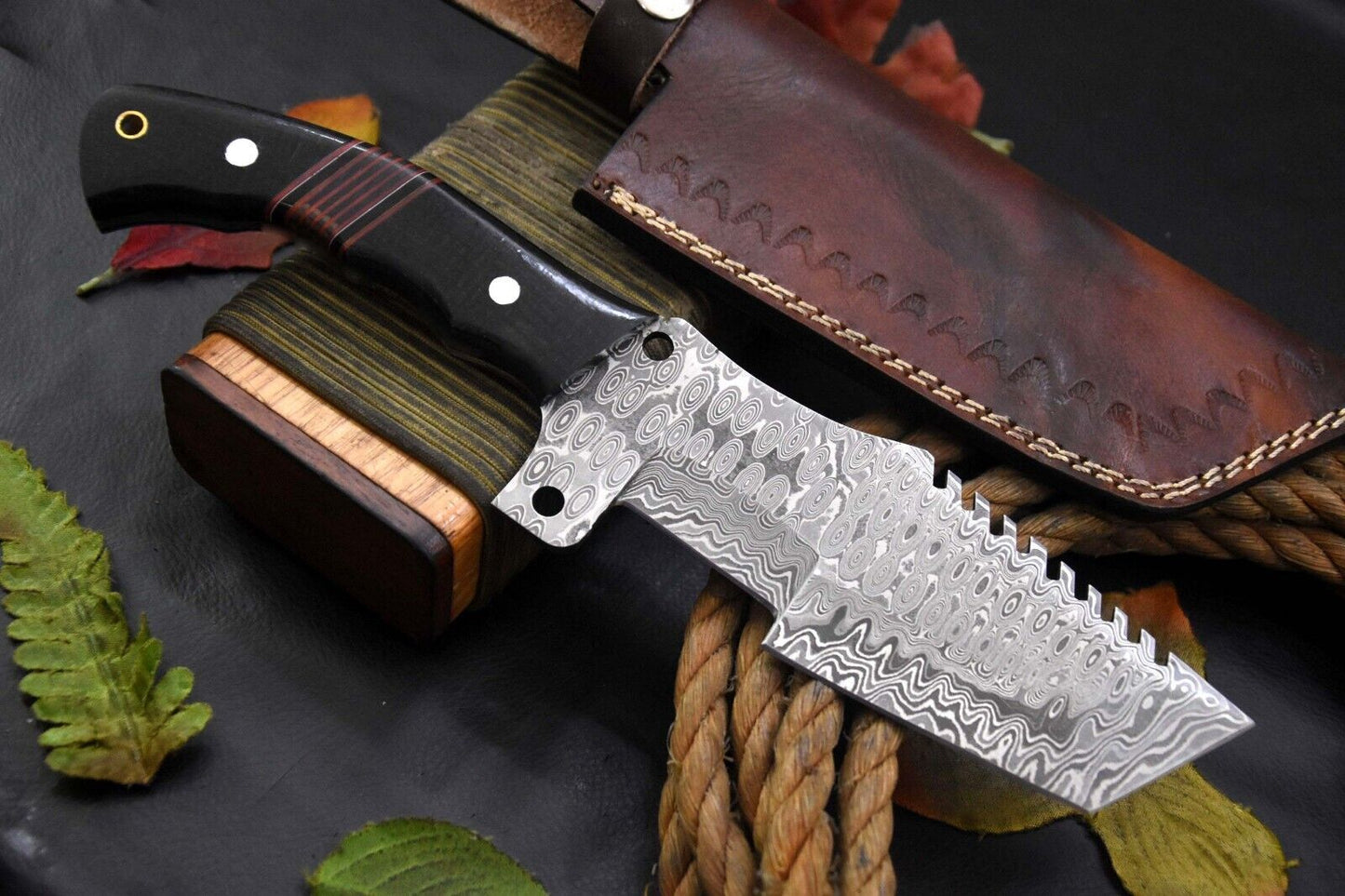 Custom Handmade Damascus Steel Tracker Hunting Knife – Raindrop Pattern Blade with G-10 Micarta Handle