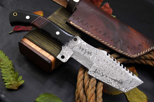 Custom Handmade Damascus Steel Tracker Hunting Knife – Raindrop Pattern Blade with G-10 Micarta Handle