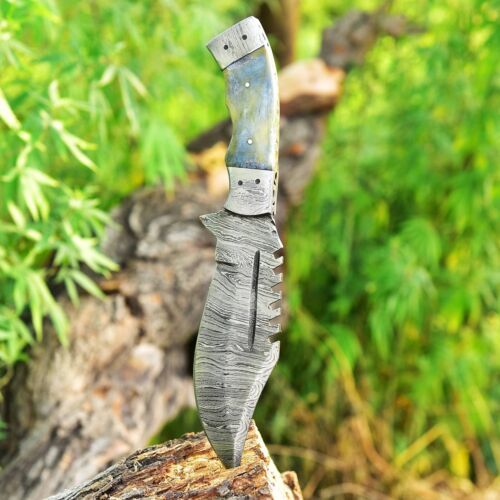 Custom Handmade Damascus Steel Tracker Knife – 10" Fixed Blade with Camel Bone Handle