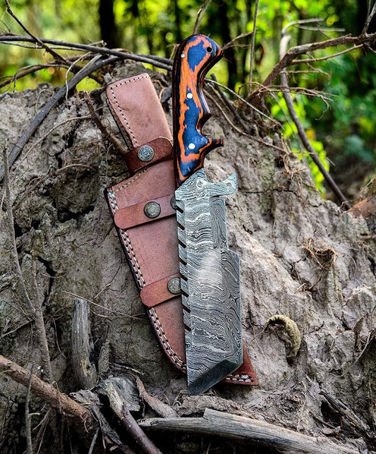 Custom Handmade Damascus Steel Tracker Knife – 12" Fire Storm Pattern Blade with Leather Sheath