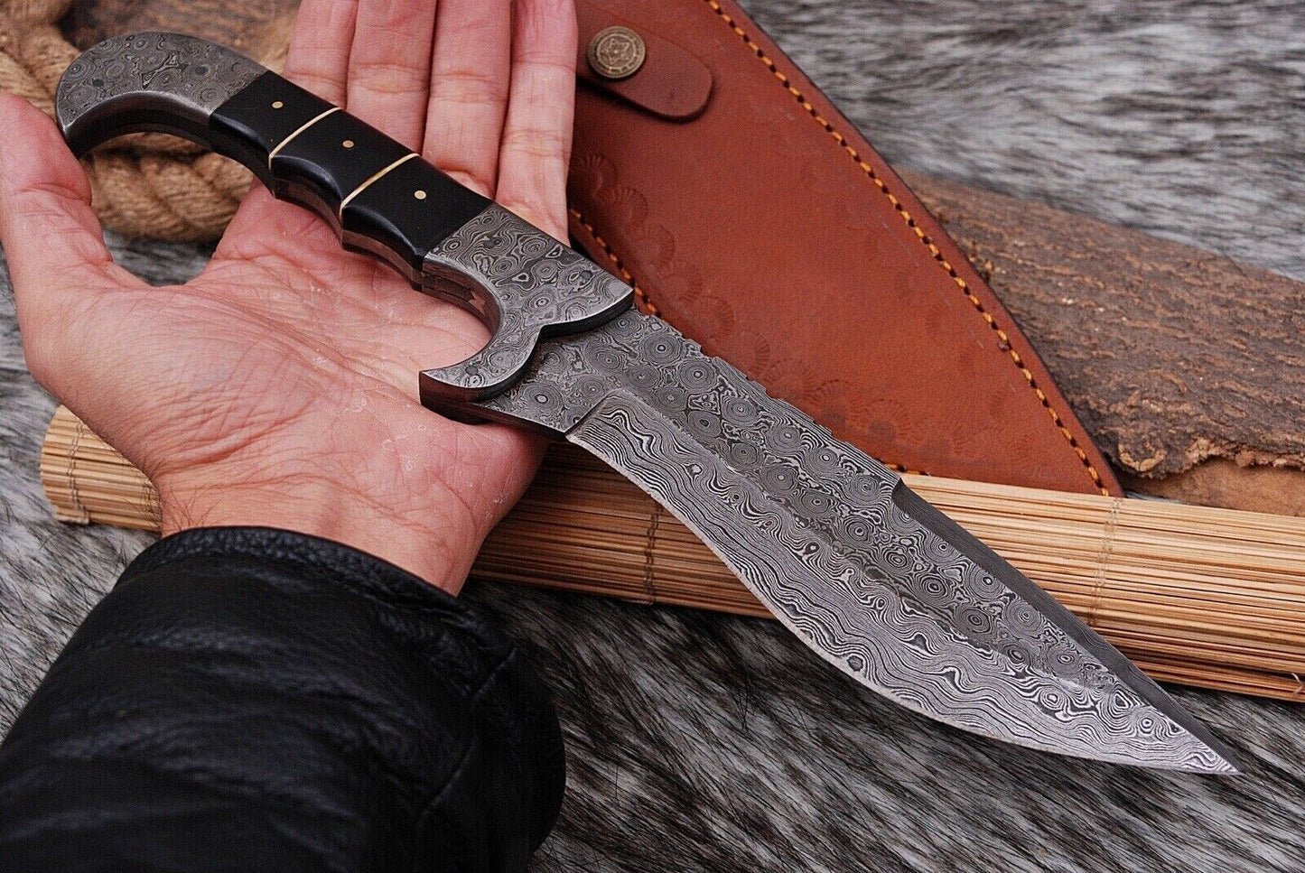 Custom Handmade Damascus Steel Tracker Knife – 12" Hunting Survival Camping Butcher Skinning Blade with Leather Sheath