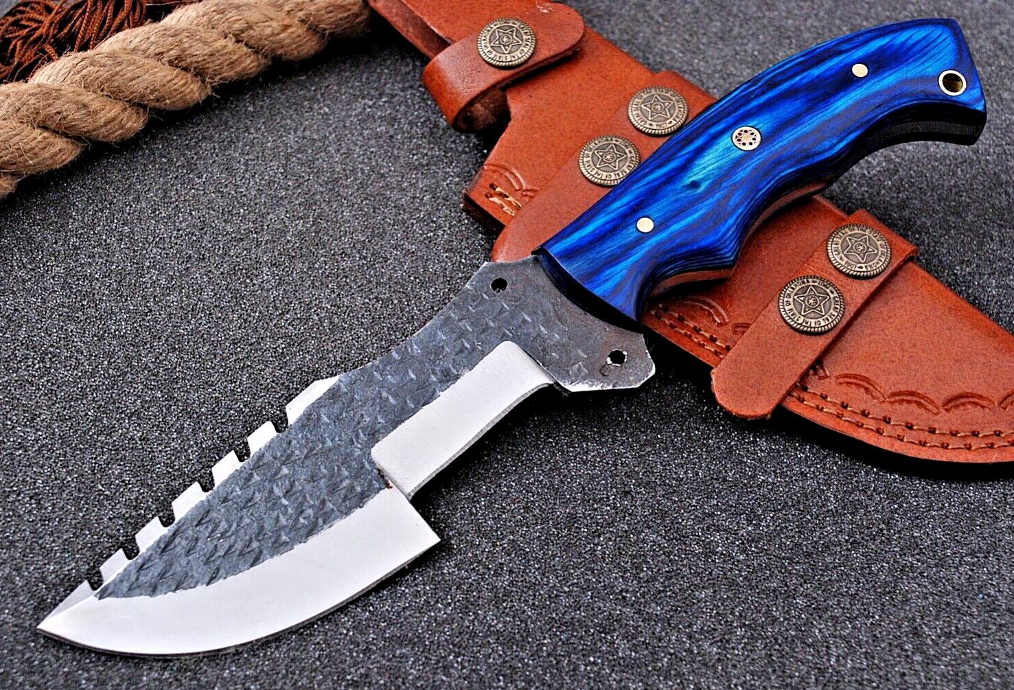 Custom Handmade Damascus Steel Tracker Knife – 9.75" Fixed Blade Hunting & Camping Knife with Wood Handle
