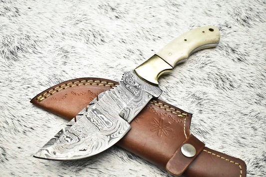 Custom Handmade Damascus Steel Tracker Knife | Camel Bone Handle | 384-Layer Forged Blade with Leather Sheath