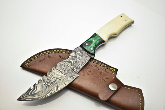 Custom Handmade Damascus Steel Tracker Knife | Camel Bone Handle with Leather Sheath