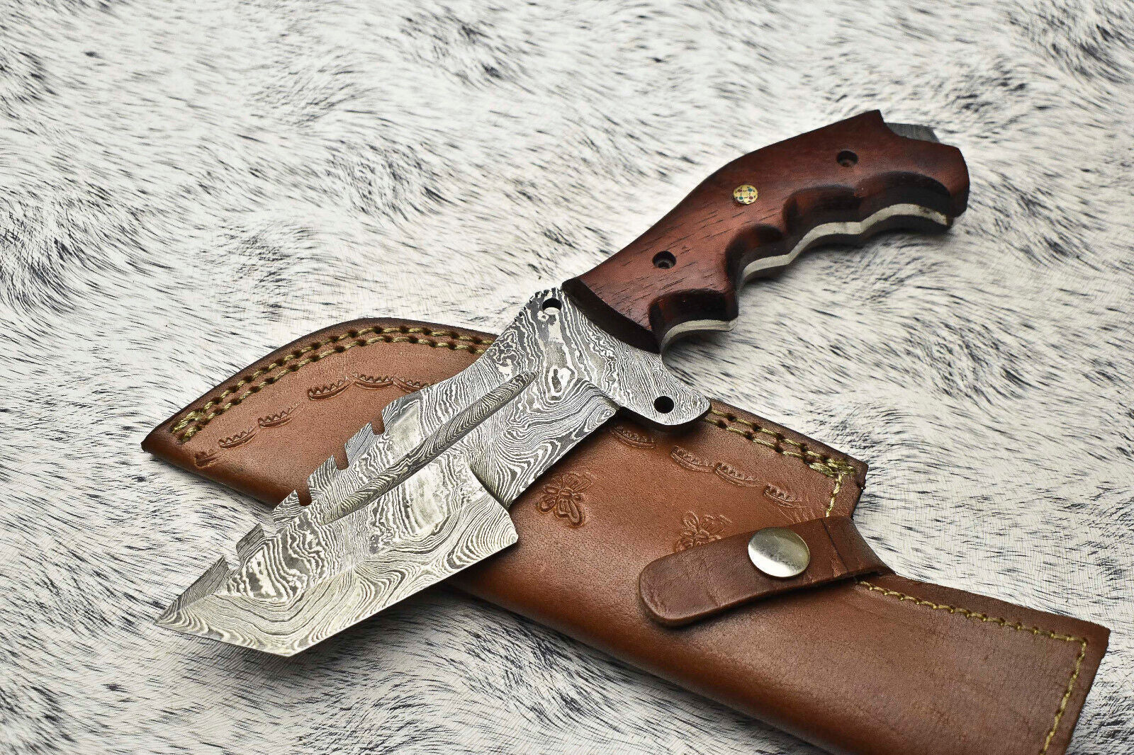 Custom Handmade Damascus Steel Tracker Knife | Camel Bone & Hard Wood Handle