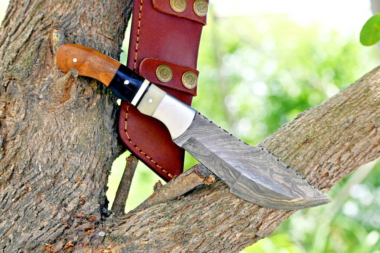Custom Handmade Damascus Steel Tracker Knife – Hunting, Bushcraft, Camping & EDC with Wood & Steel Bolster Handle
