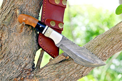 Custom Handmade Damascus Steel Tracker Knife – Hunting, Bushcraft, Camping & EDC with Wood & Steel Bolster Handle
