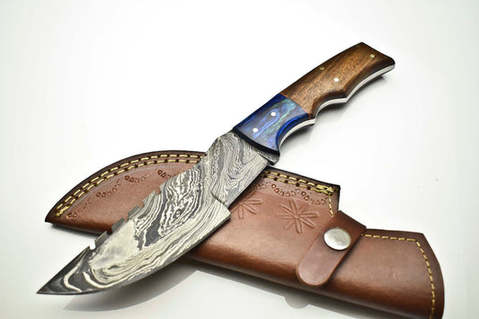 Custom Handmade Damascus Steel Tracker Knife | Walnut Wood Handle with Leather Sheath