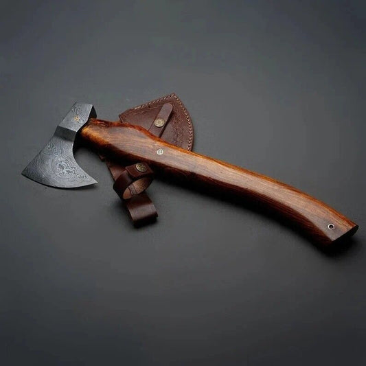 Custom Handmade Damascus Steel Viking Axe 18-Inch with Rose Wood Handle and Leather Sheath