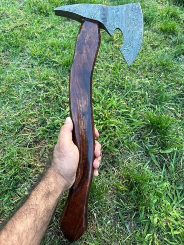 Custom Handmade Damascus Steel Viking Bearded Camping Hatchet Tomahawk Axe | 20-Inch with Natural Wood Handle & Leather Sheath