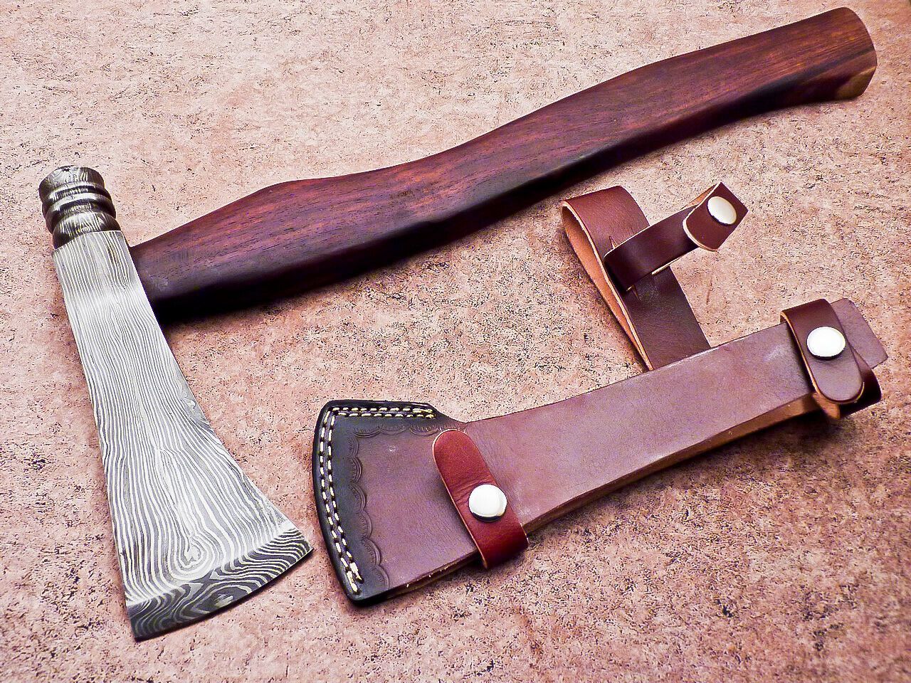 Custom Handmade Damascus Steel Viking Bearded Camping Hatchet Tomahawk Axe with Natural Wood Handle and Leather Sheath