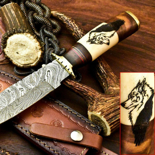 Custom Handmade Damascus Steel Wolf Etched Bowie Hunting Knife | 12" Full Tang with Leather Sheath