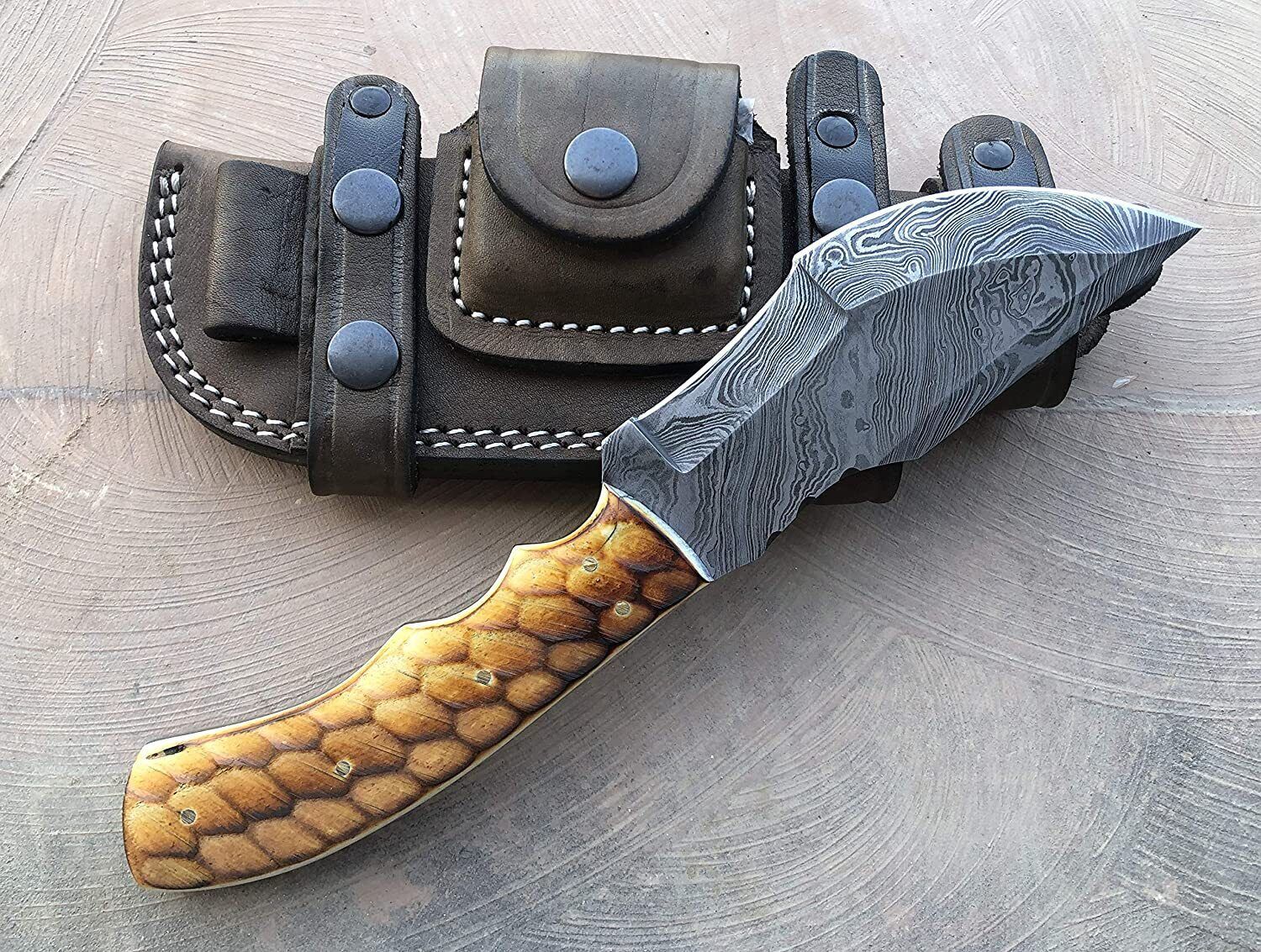 Custom Handmade Damascus Tracker Knife – 10" Full Tang Fixed Blade with Bone Handle & Leather Sheath