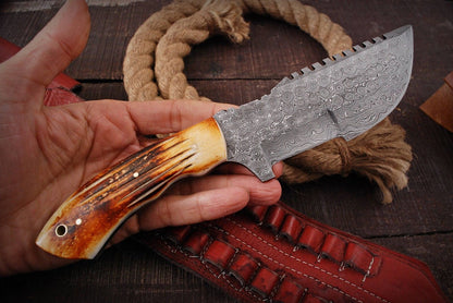 Custom Handmade Damascus Tracker Knife – Engraved Camel Bone Handle, Full Tang Fixed Blade with Leather Sheath