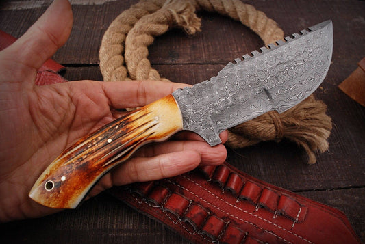 Custom Handmade Damascus Tracker Knife – Engraved Camel Bone Handle, Full Tang Fixed Blade with Leather Sheath