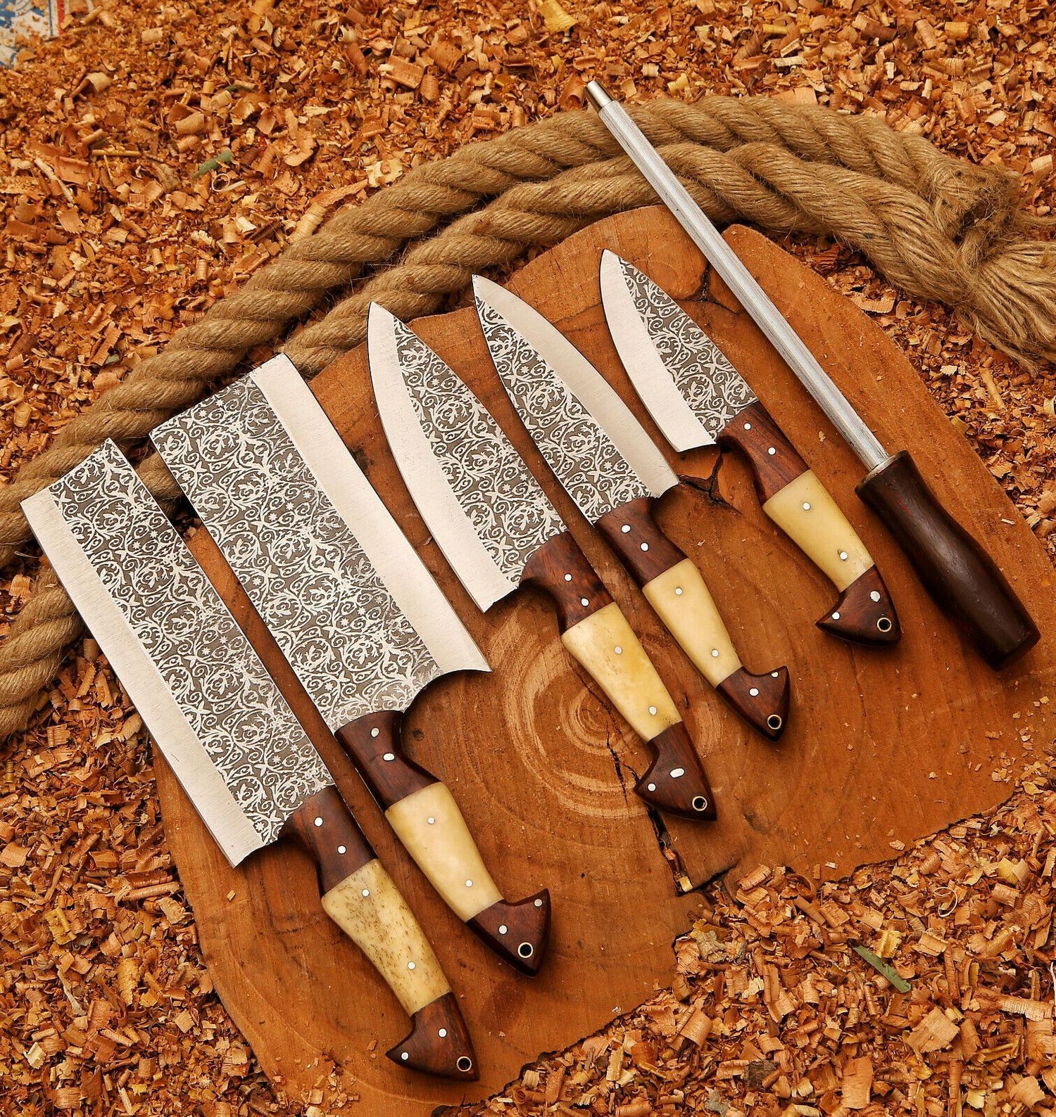 Custom Handmade Fixed Blade Damascus Steel 6-Piece Kitchen Chef Knife Set with Sheath