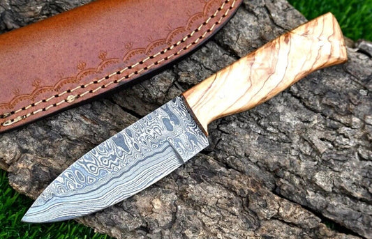 Custom Handmade Forged Damascus Hunting Knife | Natural Ash Wood Handle & Leather Sheath