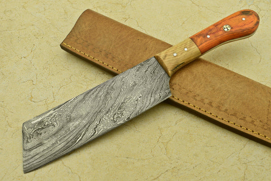 Custom Handmade Forged Damascus Steel Chef Chopper Kitchen Knife with Wood Handle