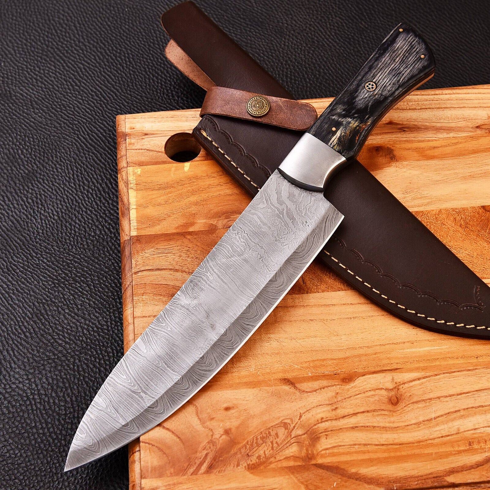 Custom Handmade Forged Damascus Steel Chef Kitchen Knife with Black Wood Handle