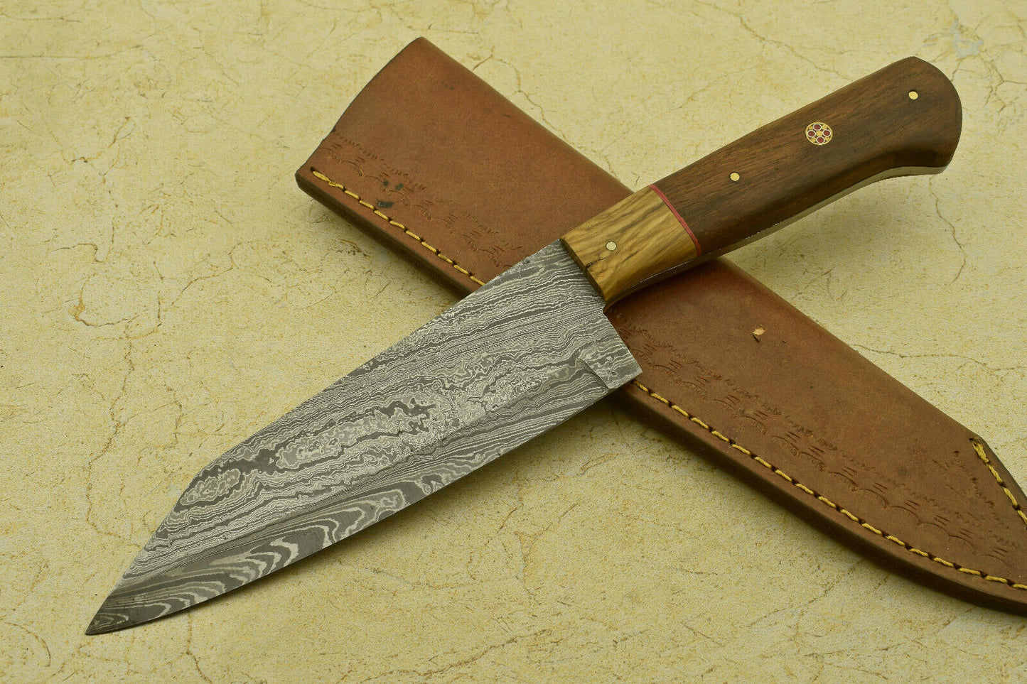 Custom Handmade Forged Damascus Steel Chef Kitchen Knife with Olive & Rose Wood Handle – 11.5"