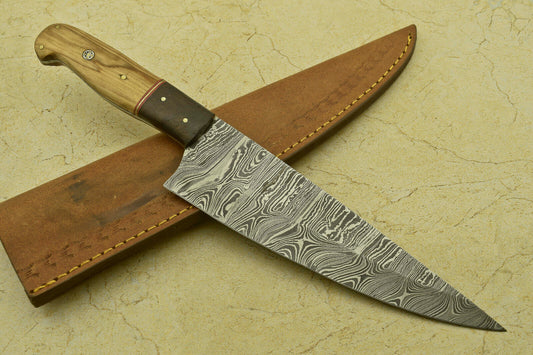 Custom Handmade Forged Damascus Steel Chef Kitchen Knife with Olive & Rose Wood Handle – 12.25"