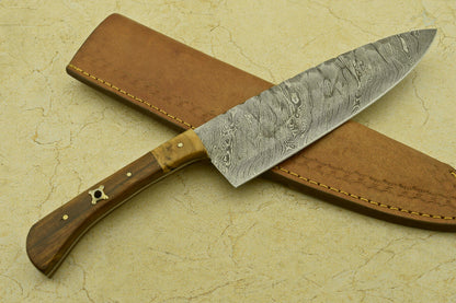 Custom Handmade Forged Damascus Steel Chef Kitchen Knife with Olive & Rose Wood Handle – 13" Professional Knife