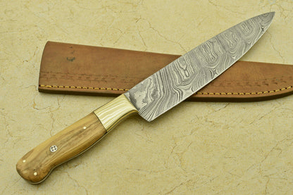 Custom Handmade Forged Damascus Steel Chef Kitchen Knife with Olive Wood Handle – 13.5" Professional Knife
