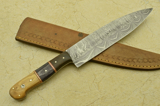 Custom Handmade Forged Damascus Steel Chef Kitchen Knife with Pakka, Olive & Rose Wood Handle – 13.50"