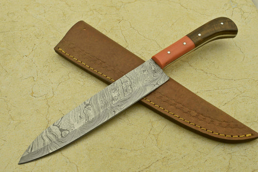 Custom Handmade Forged Damascus Steel Chef Kitchen Knife with Resin & Rosewood Handle