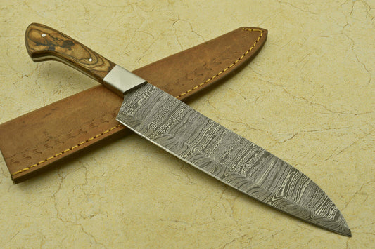 Custom Handmade Forged Damascus Steel Chef Kitchen Knife with Wood Handle – 12" Professional Knife

