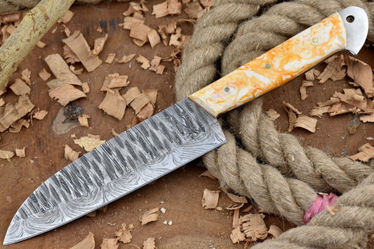 Custom Handmade Forged Damascus Steel Chef Knife with Yellow & White Handle