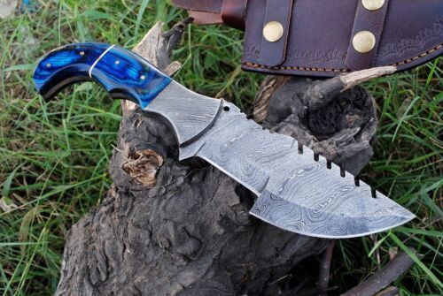 Custom Handmade Forged Damascus Steel Hunting Fixed Blade Tracker Knife with Leather Sheath