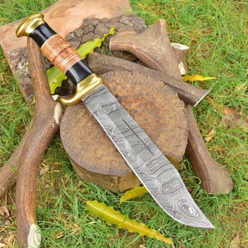 Custom Handmade Forged Damascus Steel Hunting Rambo Bowie Knife | Stag Crown & Cocobolo Wood Handle | 16" EDC Survival Knife