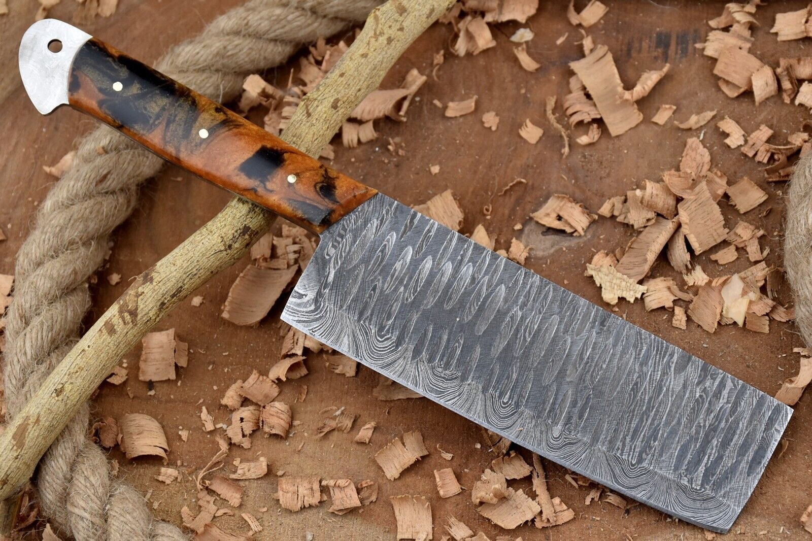 Custom Handmade Forged Damascus Steel Kitchen Chef Cleaver Knife – 11" Blade with Black & Orange Raisin Handle