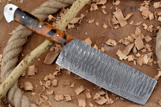 Custom Handmade Forged Damascus Steel Kitchen Chef Cleaver Knife – 11" Blade with Black & Orange Raisin Handle