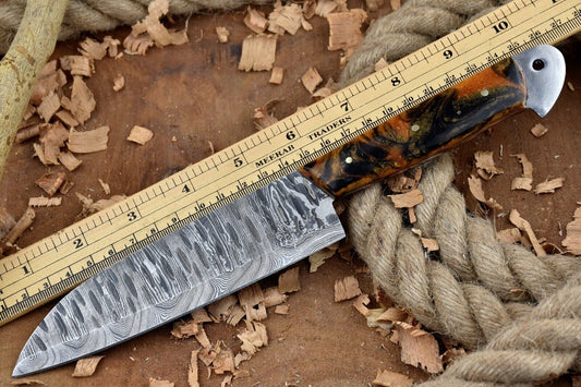 Custom Handmade Forged Damascus Steel Kitchen Chef Knife – 11" Blade with Black & Orange Raisin Handle