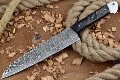 Custom Handmade Forged Damascus Steel Kitchen Chef Knife – 12" Overall, 7" Blade, Leather Sheath