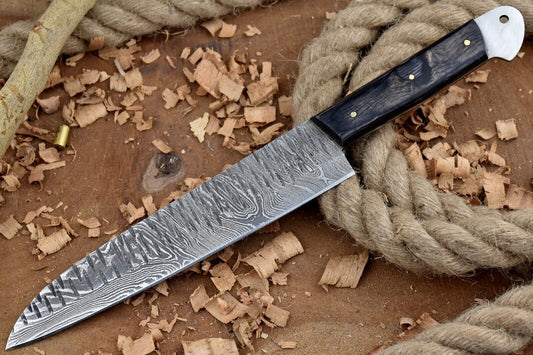 Custom Handmade Forged Damascus Steel Kitchen Chef Knife – 12" Overall, 7" Blade, Leather Sheath
