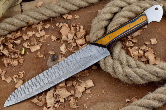 Custom Handmade Forged Damascus Steel Kitchen Chef Knife – 13" Overall, 7" Blade, Leather Sheath Included