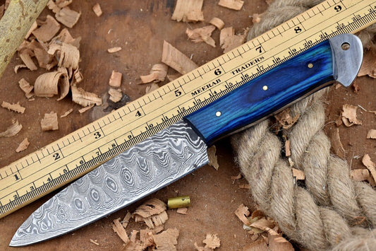Custom Handmade Forged Damascus Steel Kitchen Chef Knife – 9" Blade with Blue Dollar Handle