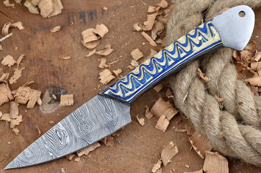 Custom Handmade Forged Damascus Steel Kitchen Chef Knife – 9" Blade with White & Blue Handle