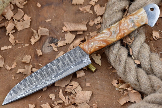 Custom Handmade Forged Damascus Steel Kitchen Chef Knife – 9" Blade with White & Orange Raisin Handle