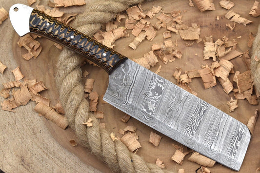 Custom Handmade Forged Damascus Steel Kitchen Chef Knife | Black & Brown Cleaver Handle