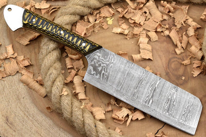 Custom Handmade Forged Damascus Steel Kitchen Chef Knife – Black & Yellow Dollar Handle