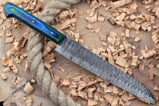 Custom Handmade Forged Damascus Steel Kitchen Chef Knife – Blue & Green Dollar Thappa Handle
