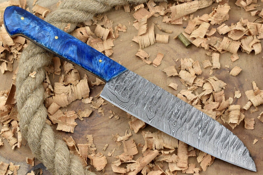 Custom Handmade Forged Damascus Steel Kitchen Chef Knife – Blue Resin Handle