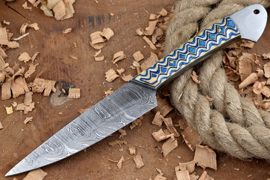 Custom Handmade Forged Damascus Steel Kitchen Chef Knife – Blue & White Dollar Handle