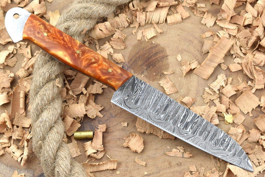 Custom Handmade Forged Damascus Steel Kitchen Chef Knife – Orange Resin Thappa Handle