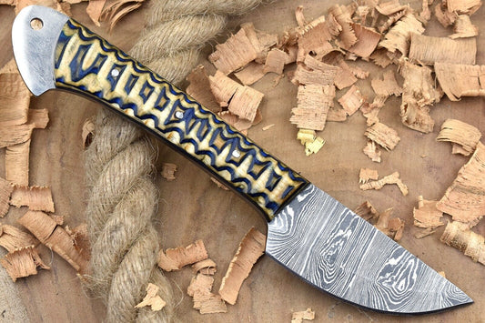 Custom Handmade Forged Damascus Steel Kitchen Chef Knife – White & Blue Dollar Sheet Handle